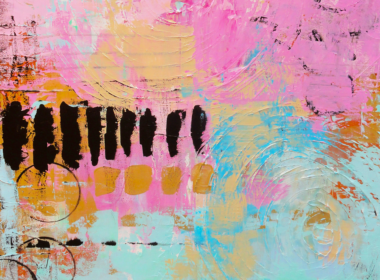 An abstract painting with pink, blue, orange and black paint