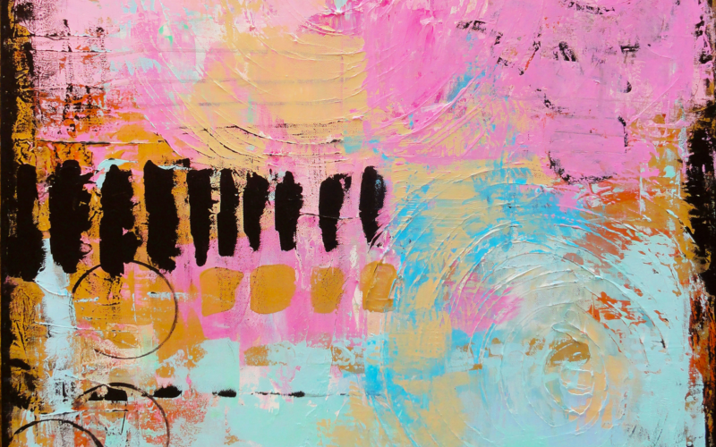 An abstract painting with pink, blue, orange and black paint