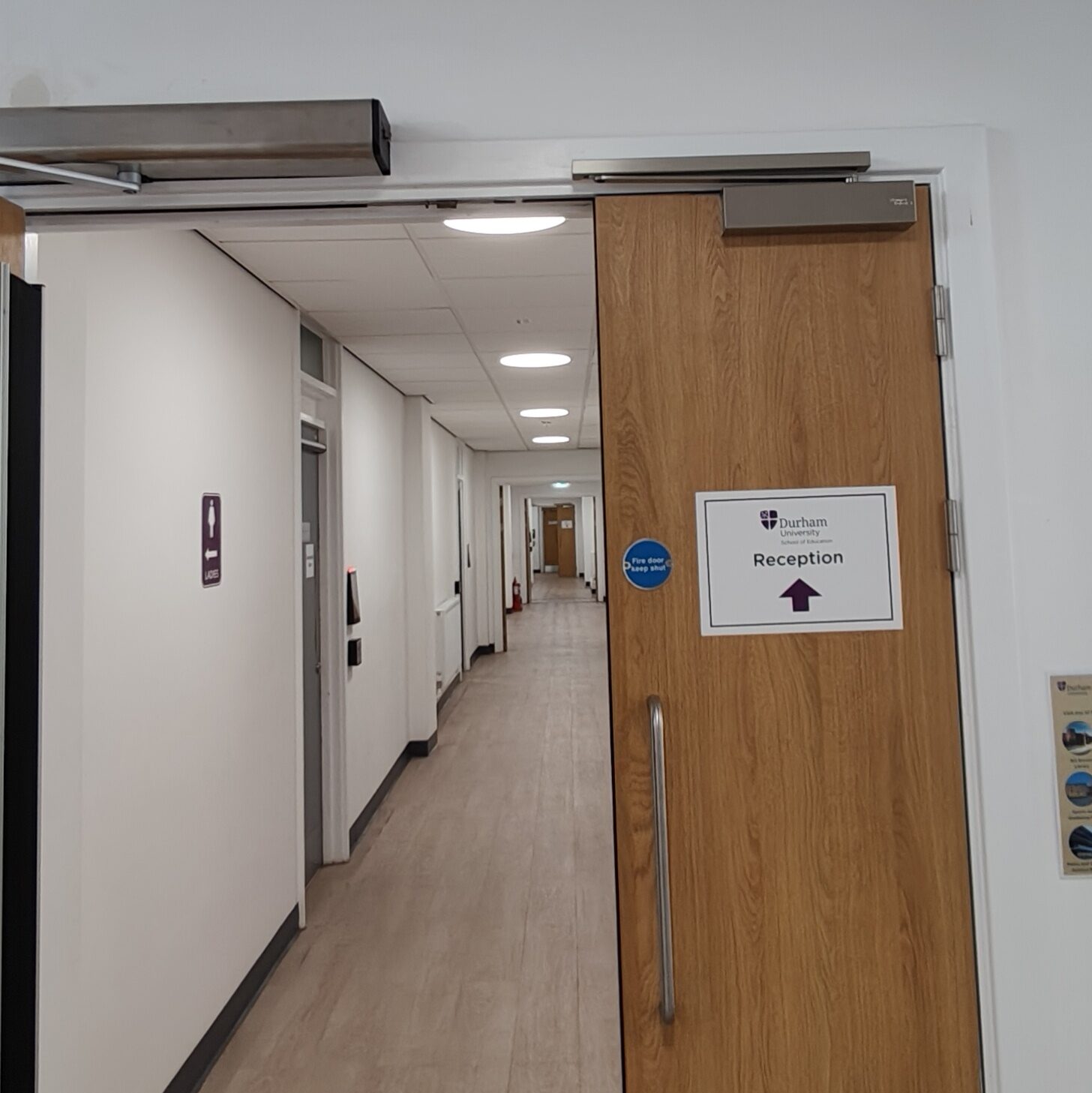 Set of brown doors (one open, one closed). The closed door is approximately half the width of the open one and has a sign reading "Reception".